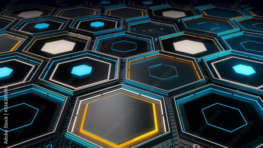 Poster technological pattern with many geometric hexagon frames of blue and yellow colors on black backgrou
