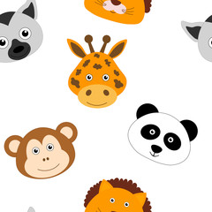 Seamless pattern Cute Animal Face Vector Children Illustration Lemur Monkey Lion Panda Giraffe