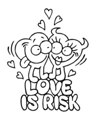 love hearts are hugging, hearts with devilish horns, love is risk, valentine's day theme, black and white cartoon