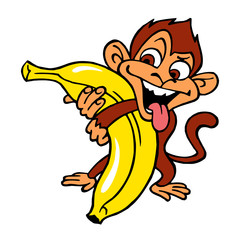 Monkey holding a huge yellow banana and sticks his tongue out, bigger is better, color cartoon