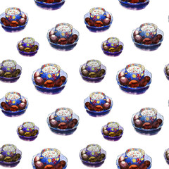 Easter seamless pattern in watercolor. Hand drawn Easter cake, eggs. wrapping paper, fabric
