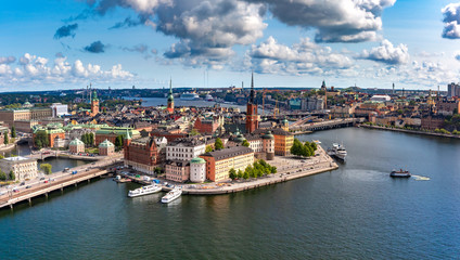 Fototapeta na wymiar Scenic summer aerial panoramic view of Gamla Stan in the Old Town in Stockholm, capital of Sweden