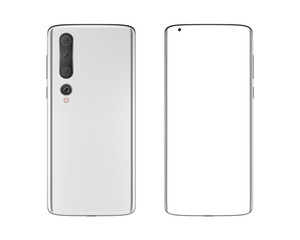Realistic smartphone with four cameras, and one front-facing camera for selfies. White front and back side. Smartphone mock up with white screen. Illustration for application, web, presentation
