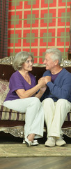 Obraz premium Amusing happy smiling old couple sitting on sofa