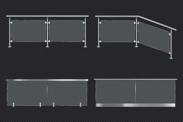 Glass balustrade with iron banister front and angle view. Vector realistic mockup of different sections of clear acrylic fence with metal railing isolated on transparent background
