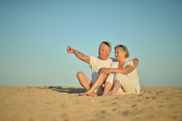 Happy elderly couple sitting on tropical beach. man pointing