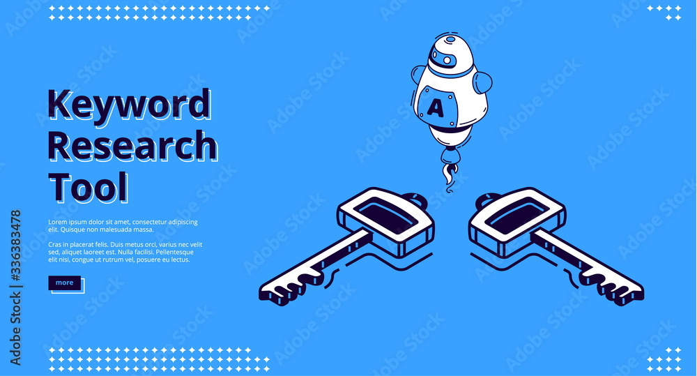 Poster keyword research tool banner with isometric icons on blue background. vector landing page of seo opt