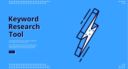 Keyword research tool blue banner with Isometric flash sign, background. Vector landing page of SEO optimization service with line art web design
