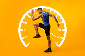 Collage with African American sportsman walking or running and speedometer on orange background