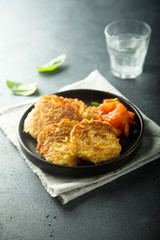 Homemade potato latkes with smoked salmon
