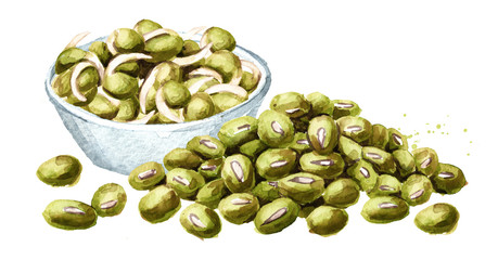 Raw and Sprouted mung beans. Hand drawn watercolor illustration, isolated on white background