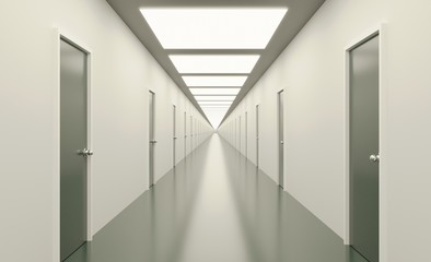 bright Hallway of doors. 3d render illustration minimal design architecture interior.