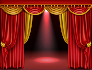 Theater stage with red and gold curtains and spotlight. Vector realistic illustration of opera or cinema decoration with luxury velvet drapes with golden tassels and scene with spot of light