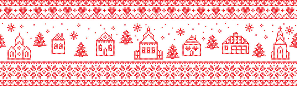 Scandinavian Christmas pattern including Nordic Christmas scenery  Winter Village : Church , house, cottages, town hall in cross stitch with heart, snowflake, snow, Christmas  tree, forest, ornaments