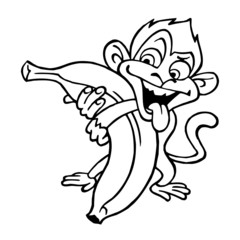 Monkey holding a huge banana and sticks his tongue out, bigger is better, black and white cartoon