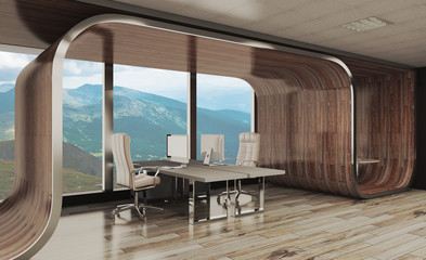concept of modern office interior. bent forms. walls of wood. big windows. 3D rendering.