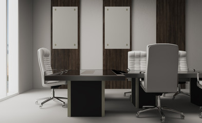office cabinet with wood paneling on the walls. meeting with company leaders.. 3D rendering.. Blank paintings.  Mockup.