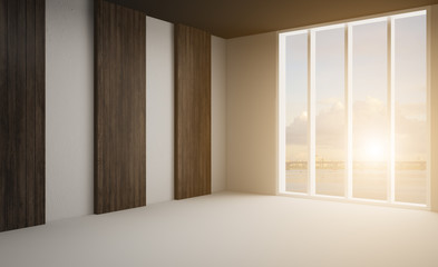 Large interior in an office building. modern design. 3D rendering.. Sunset
