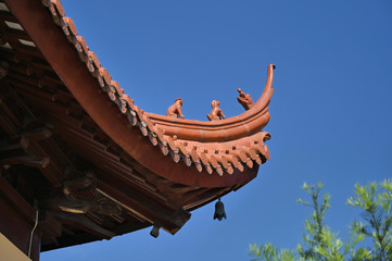 A close-up of the cornices at the corners of Chinese classical temple buildings