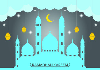 Ramadan kareem banner design , mosque icon on the moon, lanterns, and stars with gray background. for banners, backgrounds, greeting cards. Vector Illustration. EPS10