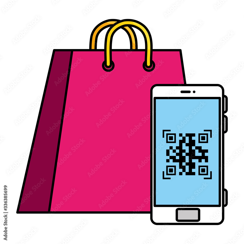 Poster qr code inside smartphone and bag design of technology scan information business price communication