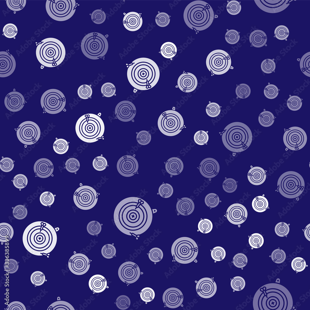 Poster white classic dart board and arrow icon isolated seamless pattern on blue background. dartboard sign