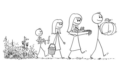 Vector cartoon stick figure drawing conceptual illustration of happy smiling family of father,mother, son and daughter carrying harvest from vegetable farm or garden.