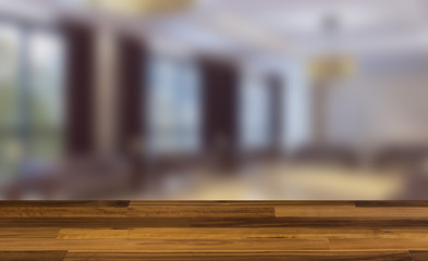 Empty interior with large window. Retro light bulb. The floor is of brown parquet.  3D rendering. wooden table. blurred background