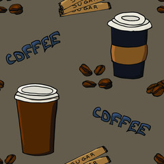 Seamless background hand-drawn paper cup of coffee to go. Against the background of sticks of sugar, drink and a paper cup. Perhaps the use in the interior design of product design coffee shop, store.