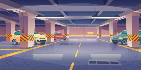 Underground car parking, garage with vehicles and vacant places. Area for transport in building basement with columns and guiding arrows show way to exit, infrastructure. Cartoon vector illustration