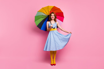 Full size photo positive lovely trend style girl touch retro dress enjoy rainy weather hold shine...