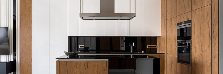 Kitchen with wooden elements, panorama