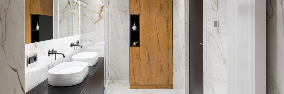 Luxury bathroom in marble, panorama