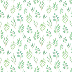 Watercolor seamless pattern with greenery. Hand drawn leaves, eucalyptus, branches on white background. Digital papper. Wallpaper, covers, textile. Summer, spring background. 