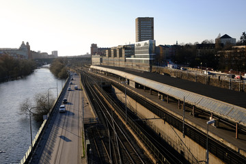 Fototapeta premium Train tracks and station buildings, Stockholm, Sweden