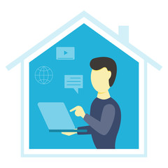 Fototapeta na wymiar Man with laptop work from home. Coronavirus prevention. Stay at home. Flat design vector illustration