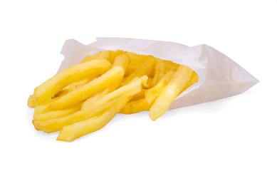 french fries in a paper cup on a white background