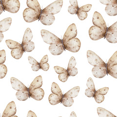 Hand drawn watercolor butterflies pattern on white background