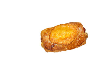 Sausage in the dough. Fresh pastries, top view. Close-up, isolate