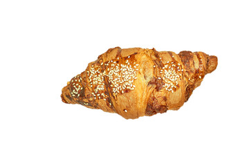 Croissant sprinkled with grated walnut. Fresh pastries, top view. Close-up, isolate