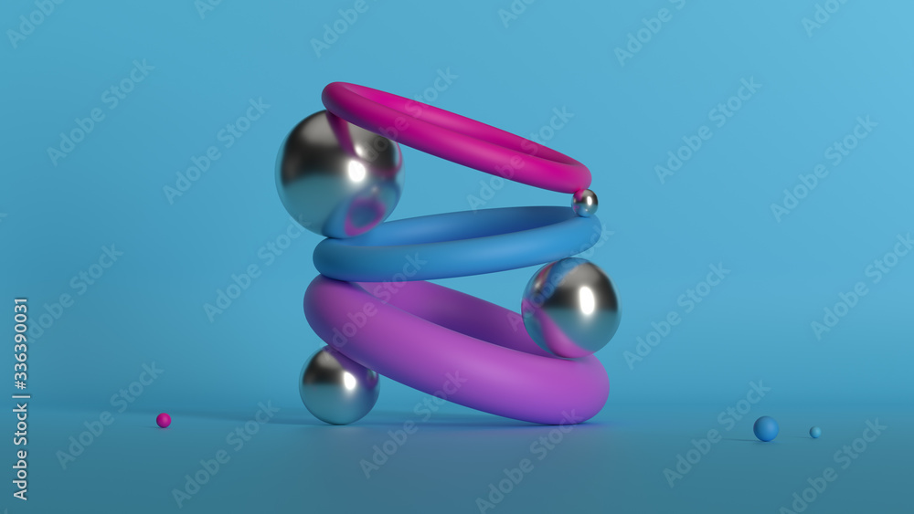 Poster 3d render modern balance sculpture. figure made of primitive shapes. smooth low contrast light...