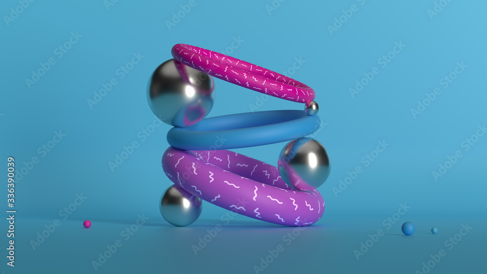 Poster 3d render modern balance sculpture. figure made of primitive shapes. smooth low contrast light...