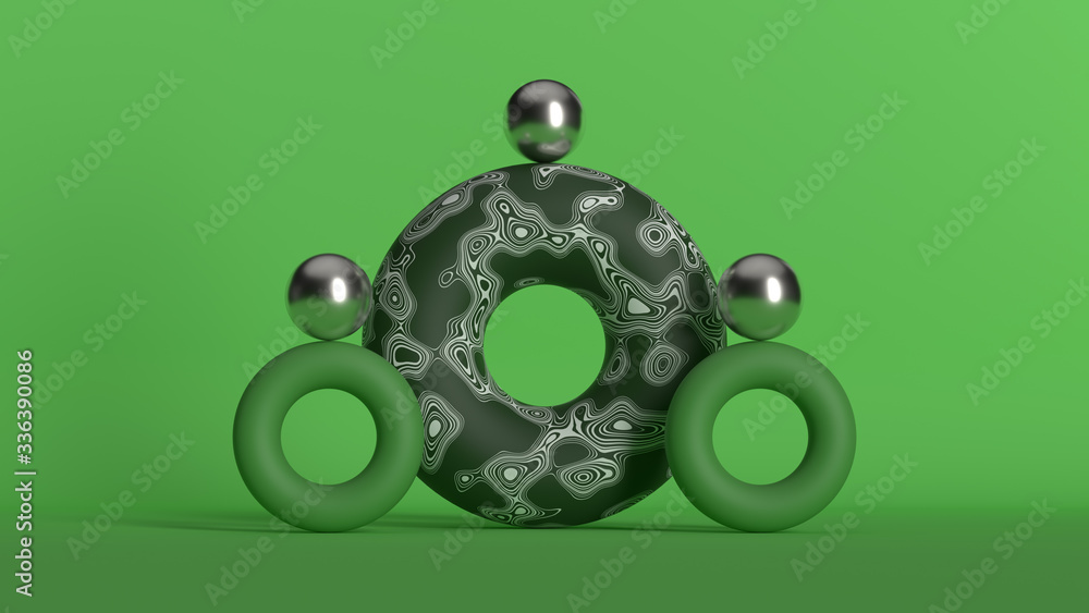 Poster 3d render modern balance sculpture. figure made of primitive shapes. smooth low contrast light...
