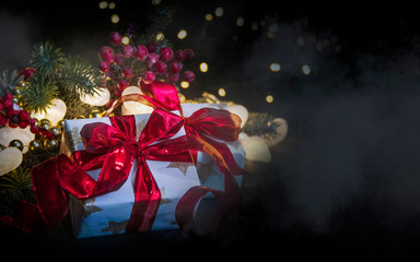 Merry Christmas and Happy New Year, Holidays greeting card with blurred bokeh background