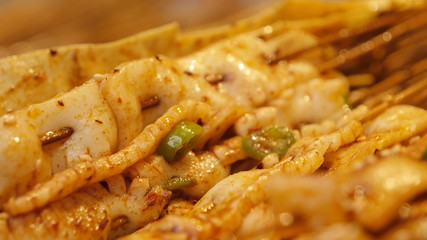 Close up of delicious teppanyaki white squid skewers