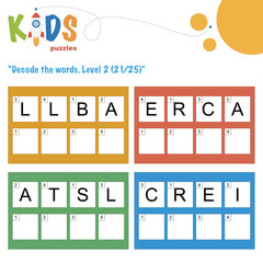 Decode the 4-letter words. Worksheet practice for preschool, elementary and middle school kids. Fun logic puzzle activity sheet.