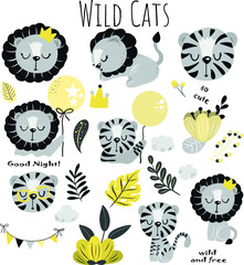 Cute hand drawn wild cat vector collection