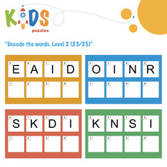 Decode the 4-letter words. Worksheet practice for preschool, elementary and middle school kids. Fun logic puzzle activity sheet.