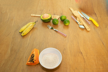 Delicious fruits with kithen things.