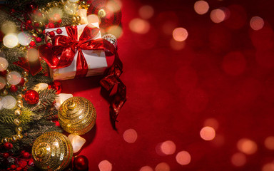 Merry Christmas and Happy New Year, Holidays greeting card with blurred bokeh background